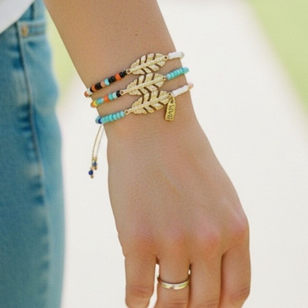 Gold and Turquoise Leaf Charm Bracelet Set